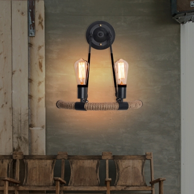 Rustic Style Open Bulb Wall Lamp Metal and Rope 2 Lights Black Wall Sconce Light for Restaurant Bar