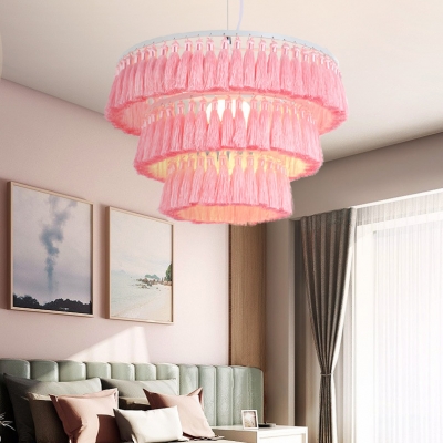 Single Light Round Light Fixture European Style Tassel Chandelier Light in White/Blue/Pink