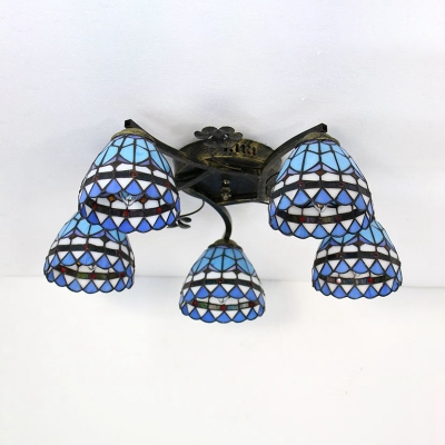 Stained Glass Cone Light Fixture 5 Lights Antique Semi Flush Mounted Light for Living Room