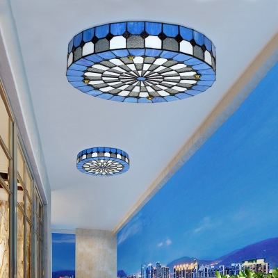 Stained Glass Drum Ceiling Fixture 1 Light Tiffany Style Flush Ceiling Light for Hotel