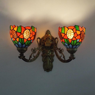 Stained Glass Flower Sconce Light 2 Lights Tiffany Style Rustic Wall Lamp for Cafe Shop