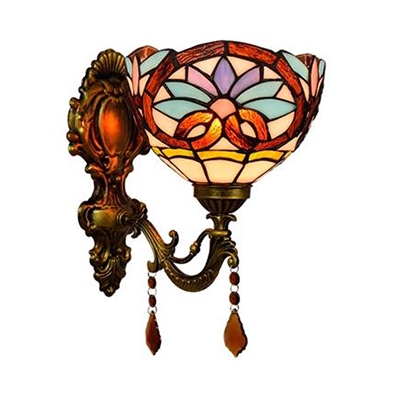 Tiffany Style Victorian Wall Light with Flower 1 Light Stained Glass Sconce Light with Crystal for Stair