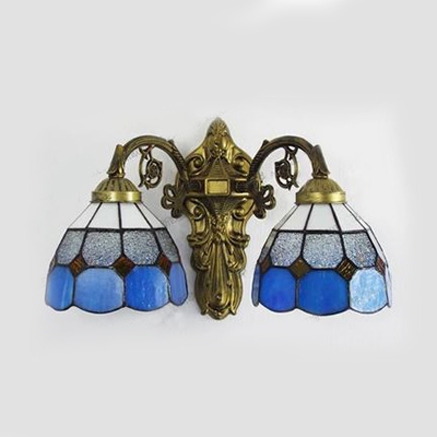 Vintage Style Blue/Beige Wall Sconce Dome 2 Lights Stained Glass Sconce Light for Kitchen