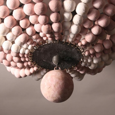 Vintage Style Bowl Shape Flush Mount Ceiling Light 3 Lights Wood Beads Ceiling Light in White/Blue/Pink