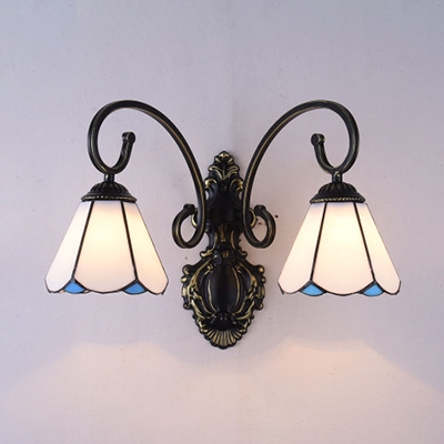 Vintage Style Cone Wall Light Blue/White Glass 2 Lights Sconce Light for Bedroom Kitchen