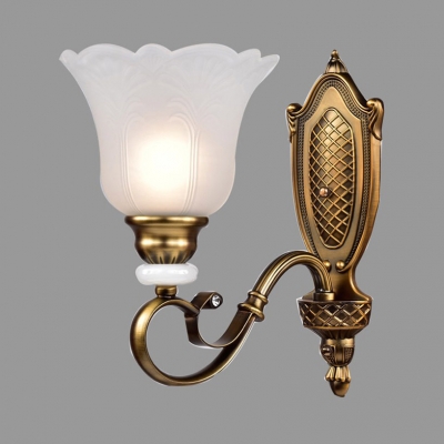 Vintage Style Flower Shade Sconce Light Metal Frosted Glass 1/2 Lights Gold Wall Light for Hallway