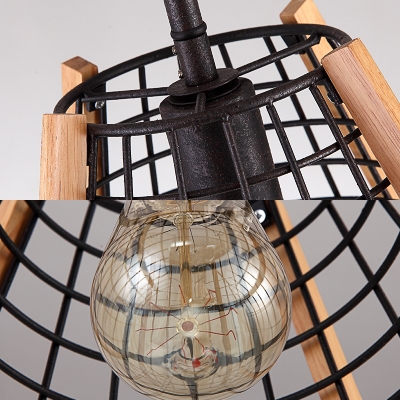 Vintage Style Light Fixture with Cone Cage Shade 1 Light Metal and Wood Hanging Light for Kitchen Hallway
