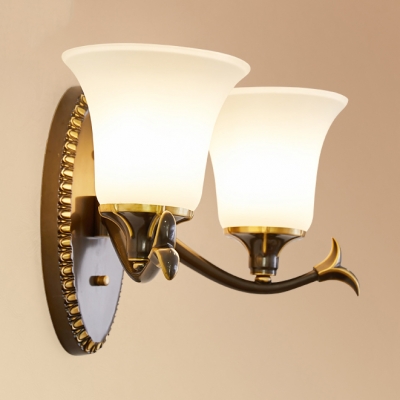 White Bell Shade Wall Light 1/2 Light Vintage Style Frosted Glass Sconce Light for Dining Room