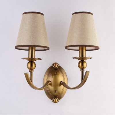 White Tapered Shade Sconce Light Fabric Metal 1/2 Lights Antique Style Wall Lamp for Study Foyer
