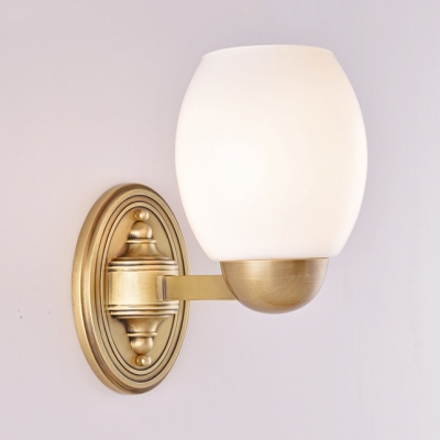 1/2 Lights Barrel Shade Wall Light Simple Style Frosted Glass Sconce Lamp in Brass for Bedroom