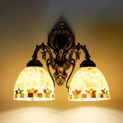 2 Lights Bowl Sconce Light Antique Style Colorful Shell Glass Wall Lamp for Bedroom Bathroom