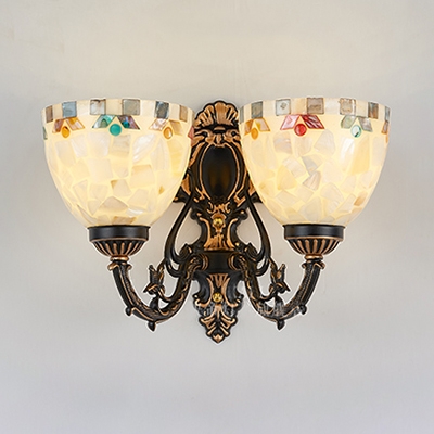 2 Lights Bowl Sconce Light Antique Style Colorful Shell Glass Wall Lamp for Bedroom Bathroom