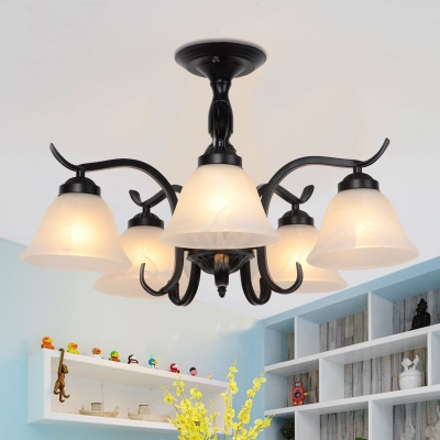 3/5 Lights Bell Semi Flush Mount Light American Rustic Frosted Glass Light Fixture in Black for Bedroom