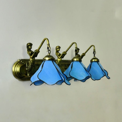 3 Lights Flower Sconce with Mermaid Light Tiffany Style Glass Wall Light in Blue/Pink for Living Room