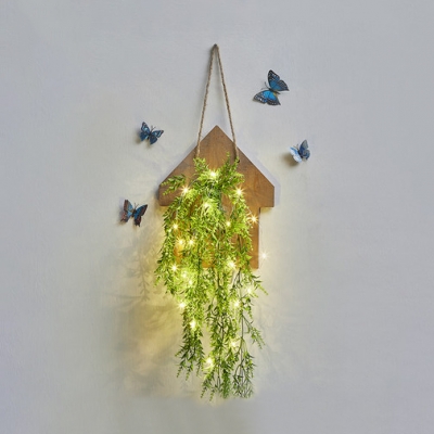 House Shaped Hanging Light with Bottle and Plant Decoration Rustic Style Wood and Glass Fairy Light for Foyer