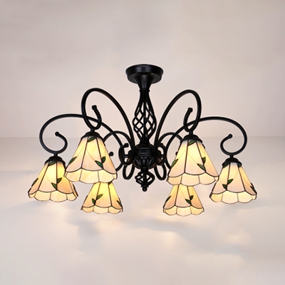 6 Lights Cone Ceiling Lamp Tiffany Style Antique Metal Semi Flush