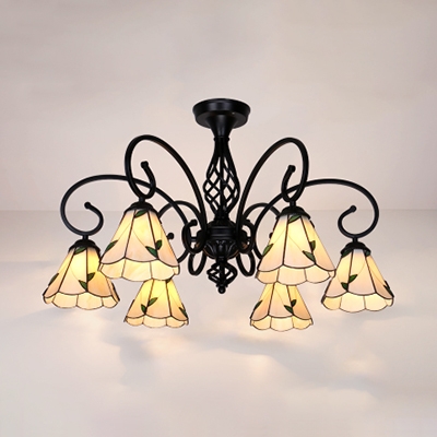 6 Lights Cone Ceiling Lamp Tiffany Style Antique Metal Semi Flush Ceiling Light in White/Blue/Yellow/Beige