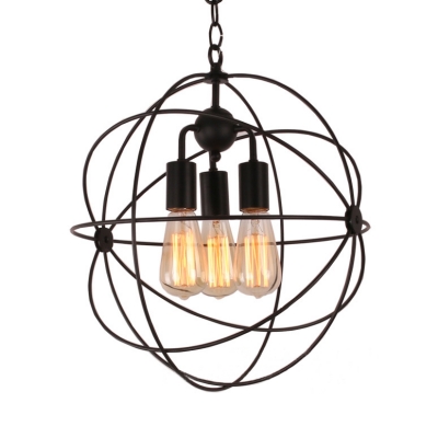 Antique Globe Chandelier Light 3 Lights Metal Hanging Lamp in Black for Living Room