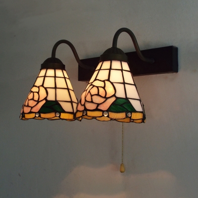 Antique Style Bloom Wall Sconce 2 Lights Stained Glass Wall Light with Pull Chain for Foyer