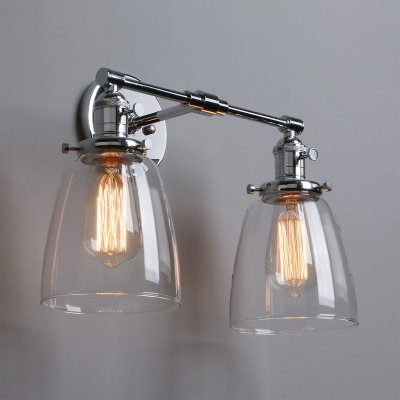 Bell Shape Wall Light Metal and Clear Glass 2 Light Industrial Wall Lamp in Silver/Chrome for Bathroom