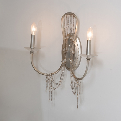 Candle Shape Dining Room Wall Light Metal 2 Lights Antique Style Sconce Light with Clear Crystal in Chrome