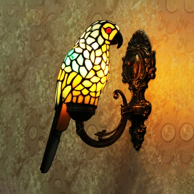 Creative Tiffany Parrot Wall Light 1 Light Stained Glass Sconce Light in Red/Blue for Hallway
