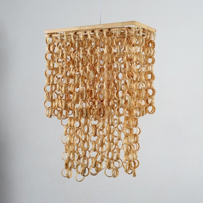 Cylindrical/Rectangle Ceiling Lighting for Dining Room 1 Light Vintage Style Rattan Hanging Lamp in Beige