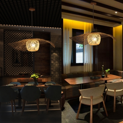 Dining Room Beige Ceiling Light Fixture Single Light Rustic Style Rattan Pendant Light