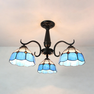 Dome Bedroom Semi Flush Mount Light Glass 3 Lights Antique Style Ceiling Light in Clear/White