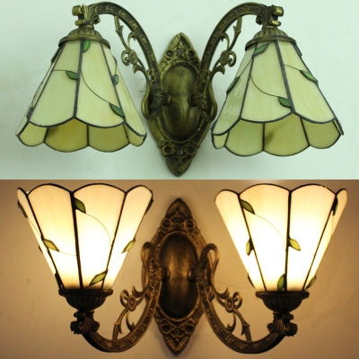 European Style Conical Wall Light 2 Lights Glass Wall Sconce with Leaf for Cafe Study