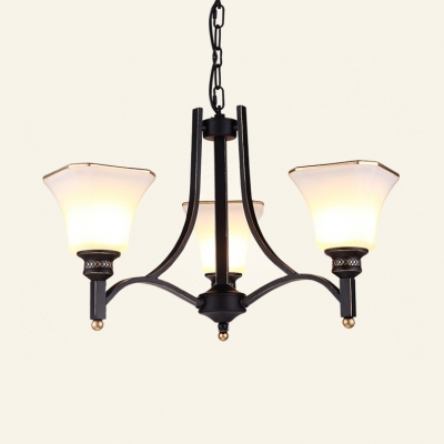 Frosted Glass Bell Shade Chandelier Bedroom 3/6 Lights Simple Style Hanging Light in Black