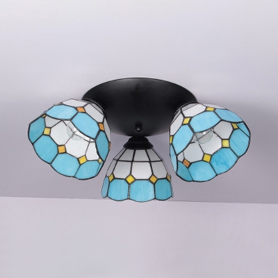Glass Conical Ceiling Mounted Light 3 Lights Mediterranean Style Light Fixture in Blue/Black for Room