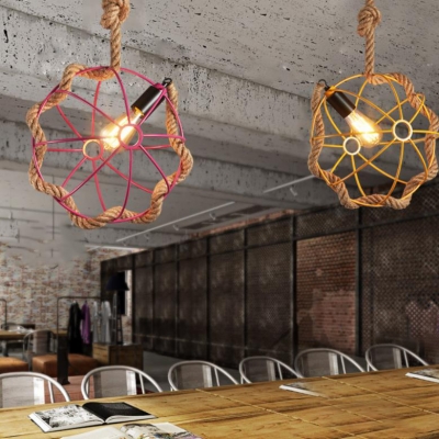 Global Pendant Lighting with Colorful Metal Cage and Hanging Rope Lodge Style Drop Light in Black