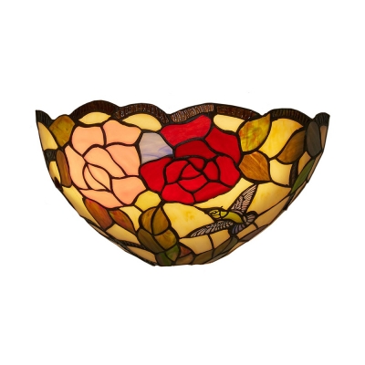 Living Room Battery Powered Wall Light Rose Bird Pattern Glass Tiffany Style Colorful Sconce Light