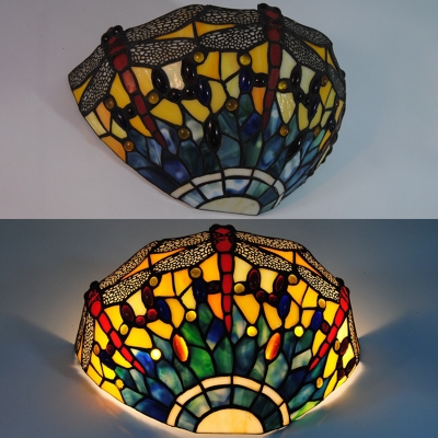 Restaurant Shop Dragonfly Pattern Sconce Light Stained Glass 1 Light Tiffany Style Vintage Wall Lamp