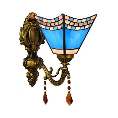 Mediterranean Style Cone Wall Light Stained Glass 1 Light Blue Wall Lamp with Crystal for Hallway