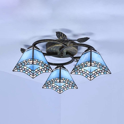 Mediterranean Style Tapered Semi Flush Mount Light Stained Glass 3 Lights Ceiling Lamp for Bedroom