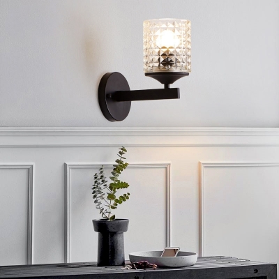 Metal and Glass Cylinder Sconce Single Light European Style Wall Light in Black/Silver for Bedroom