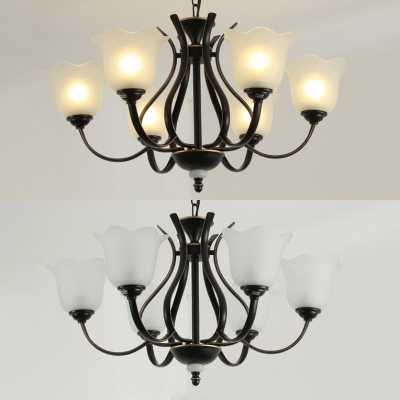 Metal and Glass Pendant Light 3/6/8 Lights Antique Style Flower Shade Chandelier in Black for Bedroom