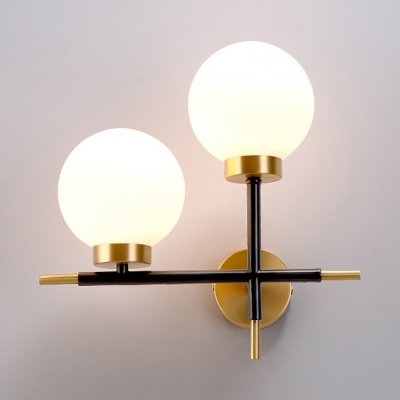 Metal Frosted Glass Wall Sconce with White Globe Shape 2 Lights Modern Sconce Wall Light for Bedroom