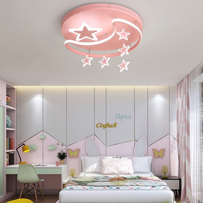 Moon Star Pattern Ceiling Mount Light Lovely Acrylic Metal Pink Overhead Light with White Lighting for Boy Girl Room