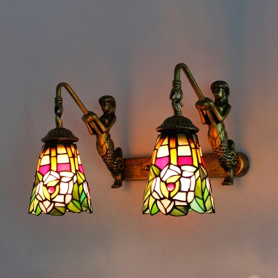 Restaurant Flower/Peacock Tail Sconce Light Stained Glass Tiffany Style Rustic Wall Light with Mermaid