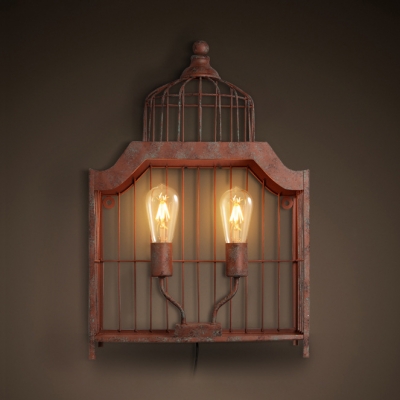 Rust Birdcage Shape Sconce Light 2 Lights Rustic Style Metal Wall Light for Balcony Hallway