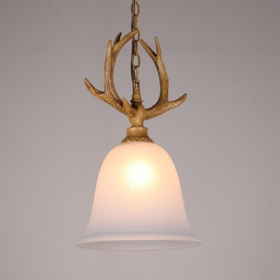 Single Light Pendant Light with White Bell Shape and Antlers Decoration Vintage Style Resin Ceiling Light