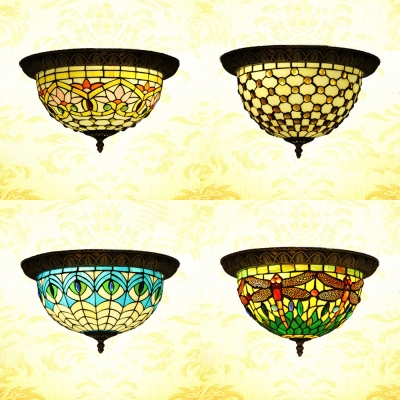 Stained Glass Flush Mount Light Dome Shape Rustic Style Ceiling Light for Living Room