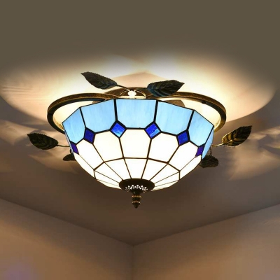 Tiffany Style Dome Ceiling Mount Light 3 Lights Stained Glass Flush Mount Light for Living Room
