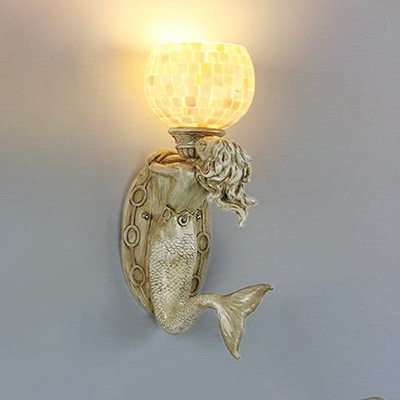 Tiffany Style Globe Shade Sconce Light Resin Glass Wall Light with Shell and Mermaid Decoration for Foyer