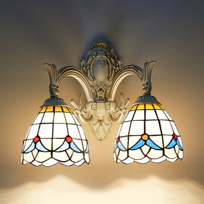 Tiffany Style Rustic Wall Lamp Stained Glass 2 Lights Bowl Sconce Light for Bedroom Bathroom
