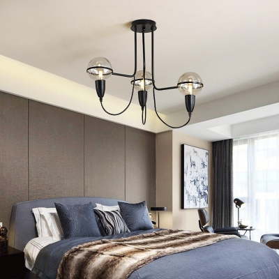 Traditional Globe Hanging Light 3 Lights Clear Glass Chandelier in Black for Bedroom Cafe