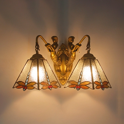 Vintage Style Wall Sconce Dragonfly 2 Lights Stained Glass Sconce Light with Mermaid for Cafe Bar